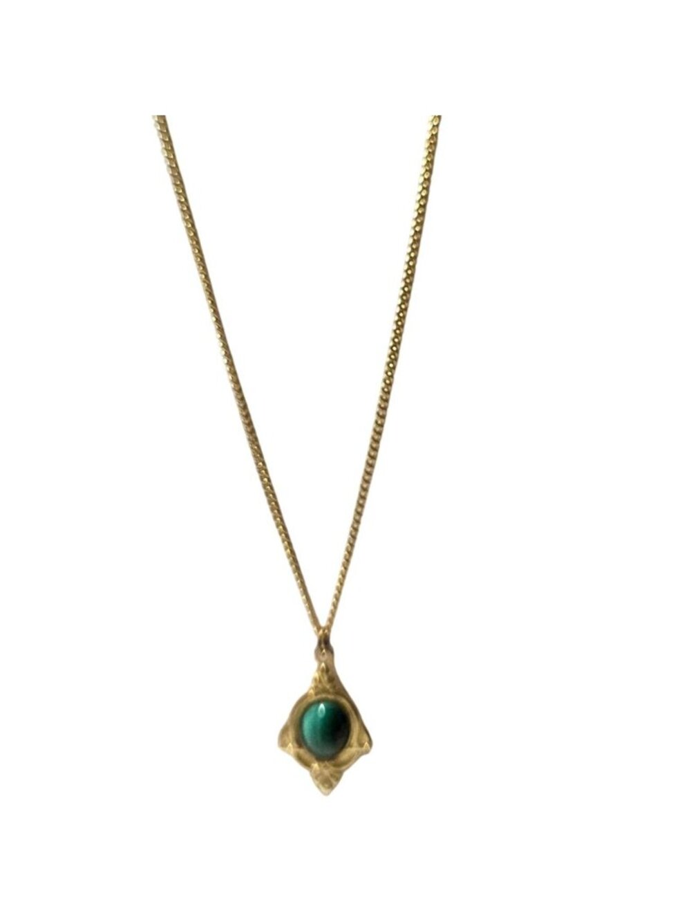 Vintage Green Cabochon Pendant Necklace Gold Tone Accents Retro Fashion Jewelry